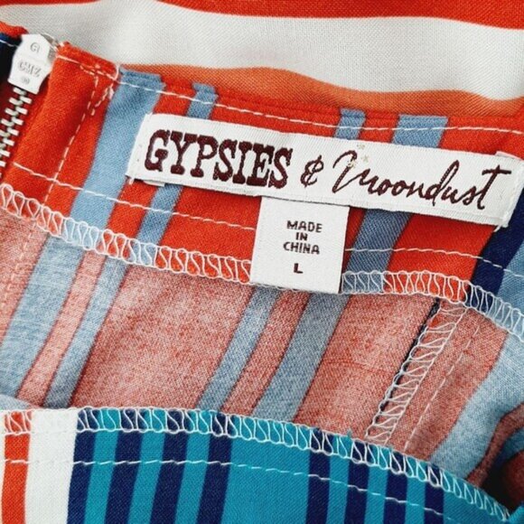 GYPSIES & MOONDUST Stripe Pattern Light Fit & Flare Dress Red White & Blue Sz L - Picture 14 of 15